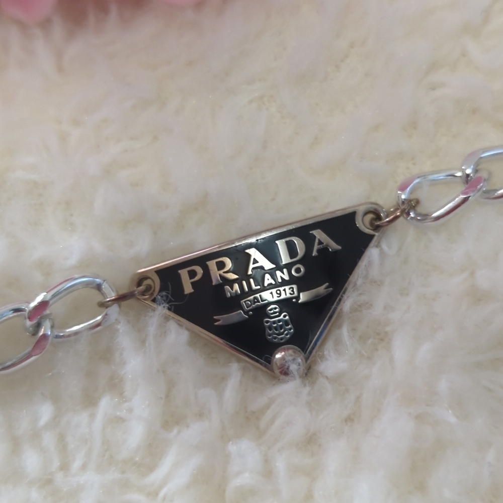 Prada Silver Necklace Upcycled Authentic Prada Charm With Toggle Clasp Trendy - Picture 2 of 6